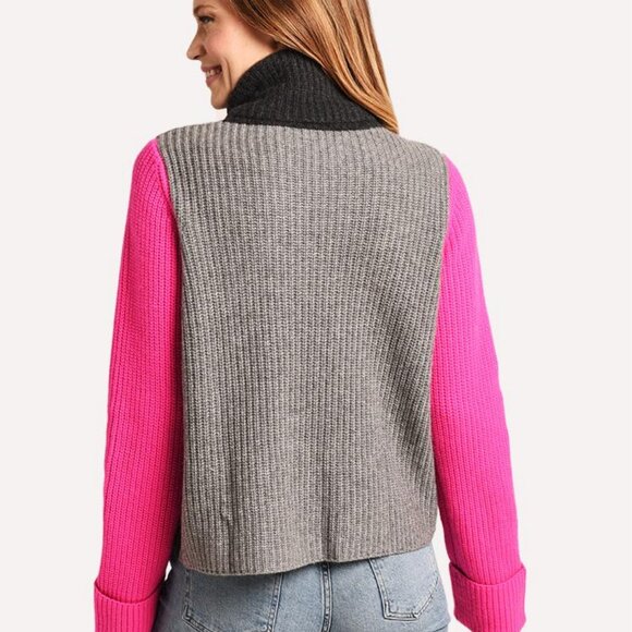 Womens Autumn Cashmere Gray Pink Black Colorblock Shaker Mock Neck Sweater S - Picture 2 of 11